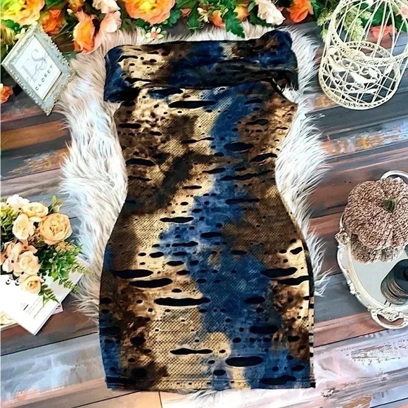 Samuel Dong Cowl Neck Brown and Blue Post Ripped Dress, L - Picture 3 of 9